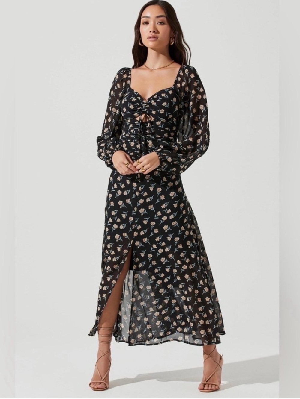 Astr Black Floral Maxi Dress with Ruched Bodice
